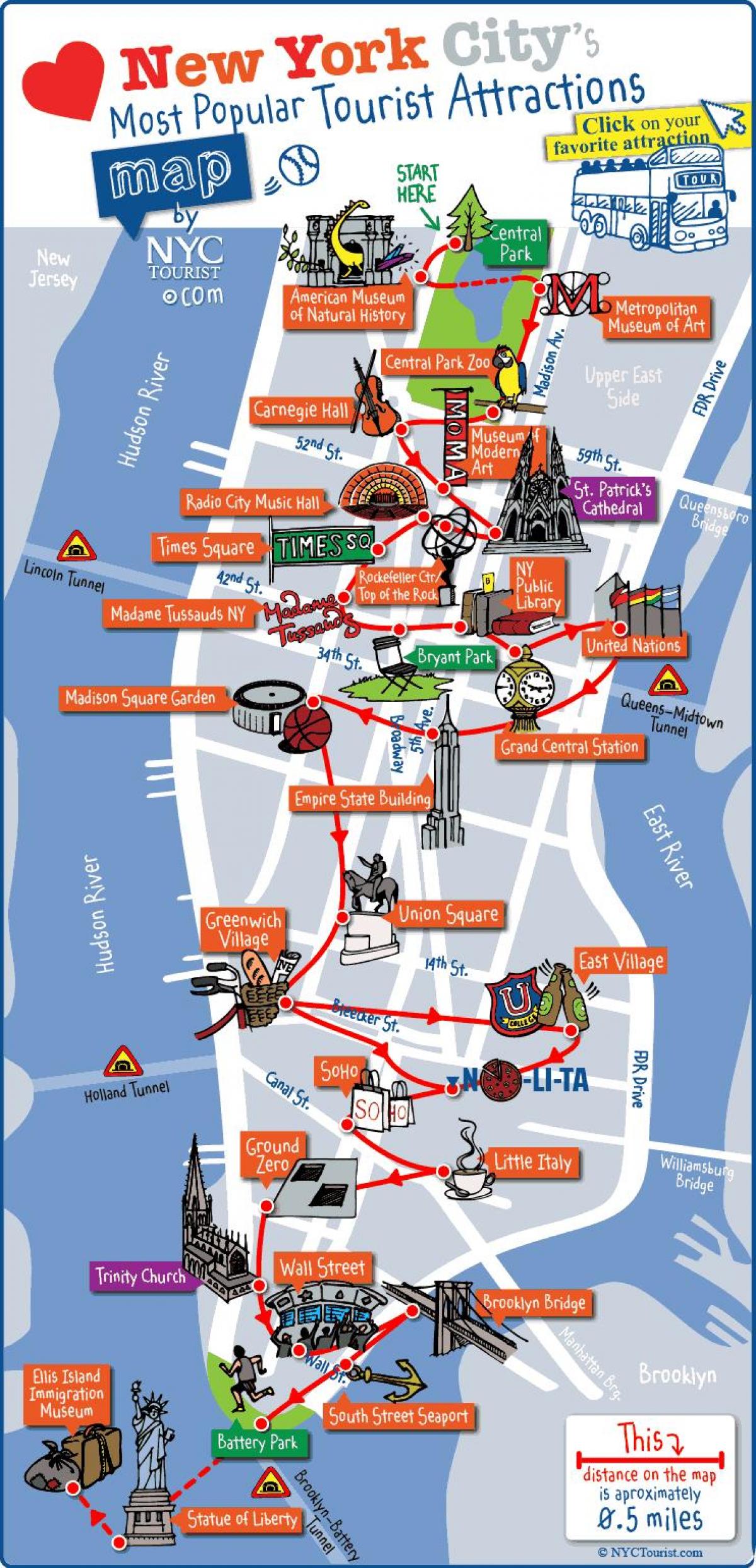 mapa de Manhattan, Nova York atraccions